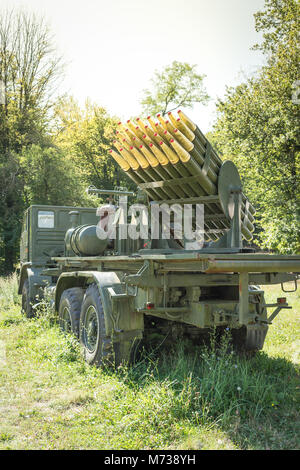 The old Soviet multiple launch rocket system BM-21 Grad on the chassis ...