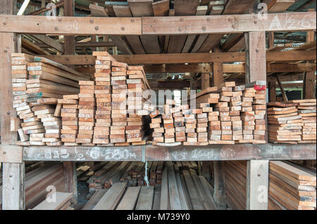 Pile of wood on the floor and on store shelves. Stock Photo