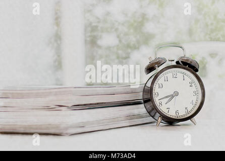 Old clock  on the table in living room Image made watercolor by photo shop Stock Photo