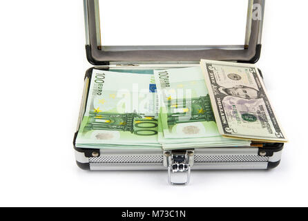 Small aluminium trunk full of euros and dollars Stock Photo