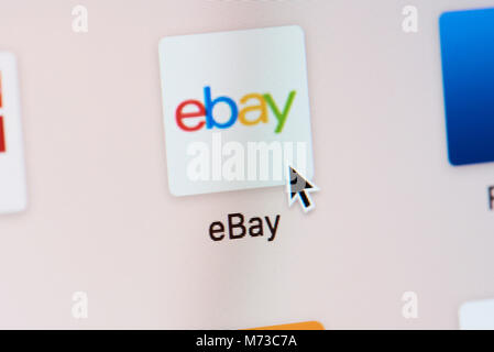 New york, USA - March 8, 2018: Opening ebay shop  web page on laptop screen close-up. Cursor on computer icon Stock Photo