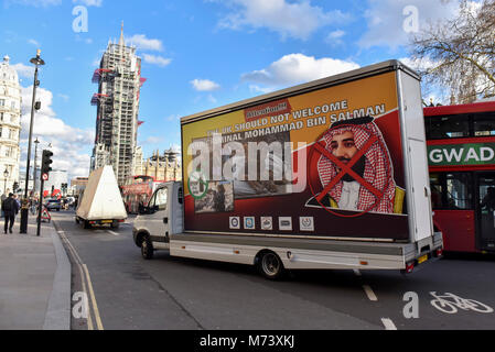 London, UK.  8 March 2018.  Vans drive through Parliament Square carrying signs protesting the visit to the UK of Saudi Arabia's Crown Prince Mohammad Bin Salman who has met with The Queen and Prime Minister Theresa May. Credit: Stephen Chung / Alamy Live News Stock Photo