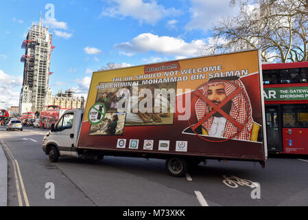 London, UK.  8 March 2018.  Vans drive through Parliament Square carrying signs protesting the visit to the UK of Saudi Arabia's Crown Prince Mohammad Bin Salman who has met with The Queen and Prime Minister Theresa May. Credit: Stephen Chung / Alamy Live News Stock Photo