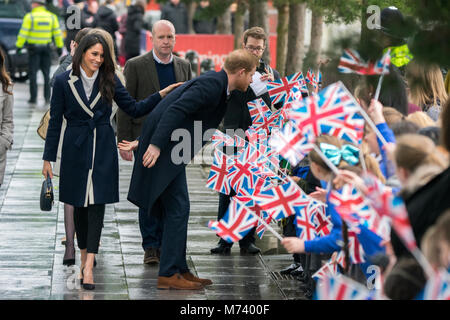 Birmingham, UK. 8th Mar, 2018. Prince Harry and Meghan Markle attend events in Birmingham on International Women's Day 2018 - the Royal couple's first joint visit to Birmingham together. They attended a STEM event at Millenium Point to encourage more women to take STEM routes in life, and then later to Nechells Wellbeing Centre to join Birmingham's Coach Core apprentices as they took part in a training masterclass. Stock Photo