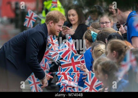 Birmingham, UK. 8th Mar, 2018. Prince Harry and Meghan Markle attend events in Birmingham on International Women's Day 2018 - the Royal couple's first joint visit to Birmingham together. They attended a STEM event at Millenium Point to encourage more women to take STEM routes in life, and then later to Nechells Wellbeing Centre to join Birmingham's Coach Core apprentices as they took part in a training masterclass. Stock Photo