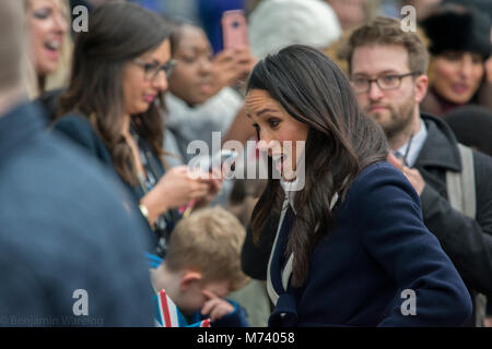 Birmingham, UK. 8th Mar, 2018. Prince Harry and Meghan Markle attend events in Birmingham on International Women's Day 2018 - the Royal couple's first joint visit to Birmingham together. They attended a STEM event at Millenium Point to encourage more women to take STEM routes in life, and then later to Nechells Wellbeing Centre to join Birmingham's Coach Core apprentices as they took part in a training masterclass. Stock Photo