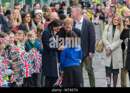 Birmingham, UK. 8th Mar, 2018. Prince Harry and Meghan Markle attend events in Birmingham on International Women's Day 2018 - the Royal couple's first joint visit to Birmingham together. They attended a STEM event at Millenium Point to encourage more women to take STEM routes in life, and then later to Nechells Wellbeing Centre to join Birmingham's Coach Core apprentices as they took part in a training masterclass. Stock Photo