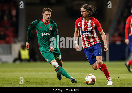 Madrid, Spain. 8th Mar, 2018. Filipe Luis Kasmirski (Atletico de Madrid) drives forward on the ball Aleksey Miranchuk (Lokomotiv Moscu), UEFA Europa League match between Atletico de Madrid vs Lokomotiv Moscu at the Wanda Metropolitano stadium in Madrid, Spain, March 8, 2018. Credit: Gtres Información más Comuniación on line, S.L./Alamy Live News Stock Photo