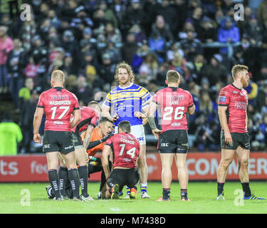 8th March 2018 , Headingley Stadium, Leeds, England; Betfred Super League, round 5, Leeds Rhinos versus Hull FC; Jake Connor of Hull FC receives treatment for a cut eye Stock Photo