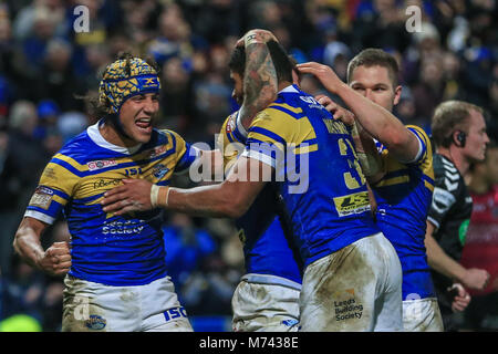 8th March 2018 , Headingley Stadium, Leeds, England; Betfred Super League, round 5, Leeds Rhinos versus Hull FC; Kallum Watkins of Leeds Rhinos celebrates with team mates after going over for a try Stock Photo