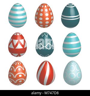Set of nine realistic colorful vector Easter eggs with simple patterns and shadow isolated on a white background. Stock Vector