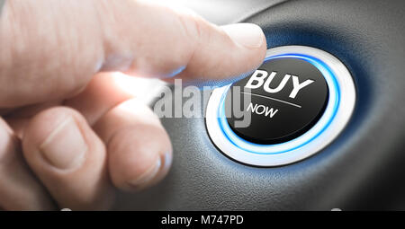 Man pushing a car start button with the text buy now. Call for action concept. Composite image between a finger photography and a 3D background. Stock Photo