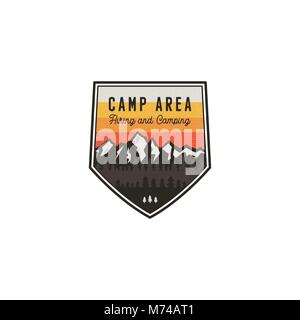 Camping area and hiking vintage badge. Mountain explorer label. Outdoor adventure logo design with lantern. Travel and hipster vintage badge. Wilderness camping emblem. Stock vector insignia isolated Stock Vector