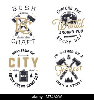 Vintage hand drawn travel logos and emblems set. Hiking labels. Outdoor adventure inspirational logos. Typography retro style. Motivational travel logos, quotes for prints, t shirts. Stock vector Stock Vector
