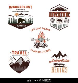 Vintage adventure tee shirts designs, summer logo set. Hand drawn travel labels. Mountain explorer, wanderlust, expedition emblems. Summer logo. Isolated on white background. Vector illustration Stock Vector