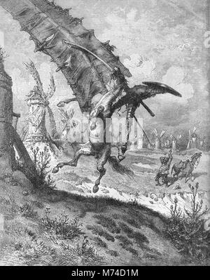 Don Quixote, Sancho Panza and the windmills, an illustration by Gustave Dore from an 1880 edition of Cervantes' Don Quixote. Stock Photo