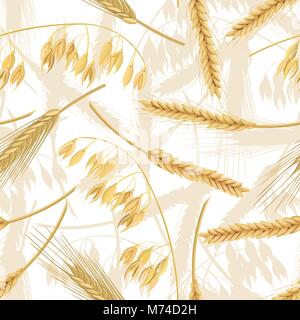 Wheat, barley, oat and rye seamless pattern. Four cereals spikelets with ears. isolated. 3d icon vector. For design, cooking, Stock Vector