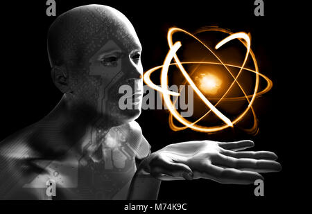 Quantum super computer future technology concept. Artificial intelligence robot holding science yellow shining cosmic atom nuclear. Stock Photo
