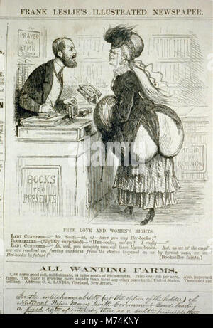 Free love and women's rights (cartoon showing woman asking booksller for her-books, as opposed to hymn-books) LCCN2001696532 Stock Photo