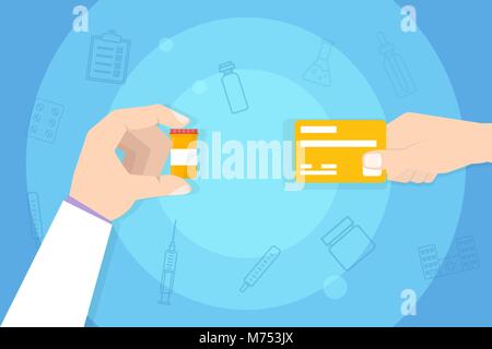 Medications Purchase, Buying medicine. Hand with credit card. Vector illustration Stock Vector