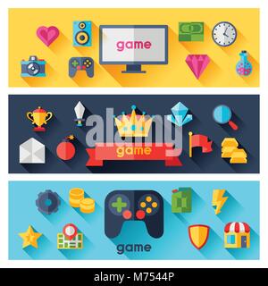 Horizontal banners with game icons in flat design style Stock Vector