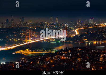 Turkey Istanbul Bosphorus Bridge Night Long Exposure Panoramic View Stock Photo