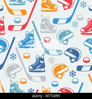 Sports seamless pattern with hockey equipment flat icons Stock Vector