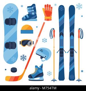 Winter sports equipment icons set in flat design style Stock Vector