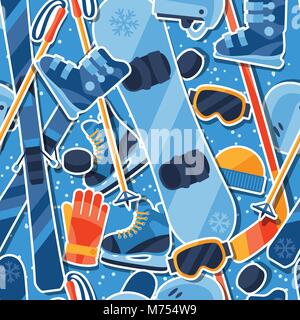 Winter sports seamless pattern with equipment sticker icons Stock Vector