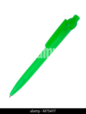 Green plastic ball point pen isolated on white Stock Photo