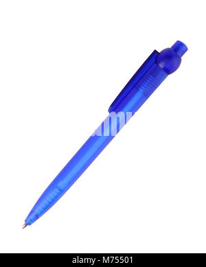 Blue plastic ball point pen isolated on white Stock Photo