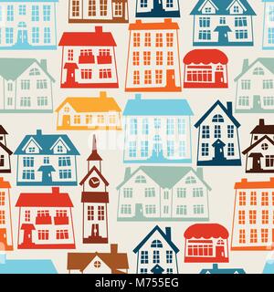 Town seamless pattern with cute colorful houses Stock Vector