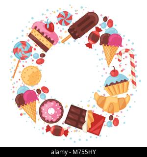 Background with colorful various candy, sweets and cakes Stock Vector