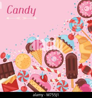 Background with colorful various candy, sweets and cakes Stock Vector