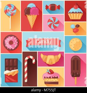 Background with colorful various candy, sweets and cakes Stock Vector