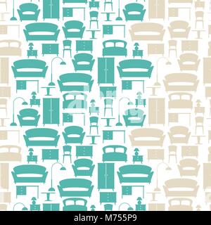 Interior seamless pattern with furniture in retro style Stock Vector