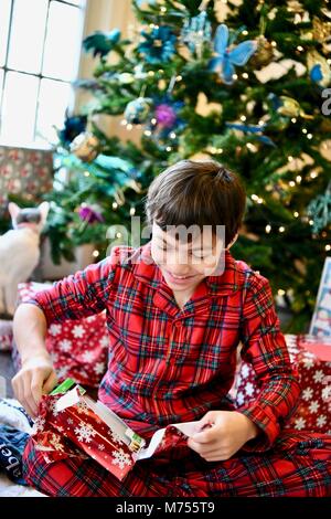 Young teen aged 10-14 on Christmas morning next to the Christmas tree with presents Stock Photo