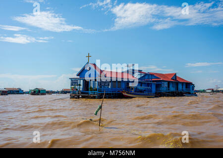 TONLE SAP, CAMBODIA - APRIL 8: Church boat in Tonle Sap floating village. April 2017 Stock Photo