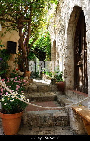 Eze old streets are very pretty and romantic , decorated with flowers Stock Photo