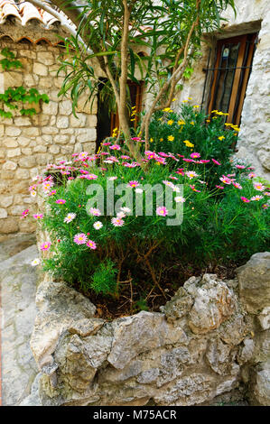 Eze old streets are very pretty and romantic , decorated with flowers Stock Photo