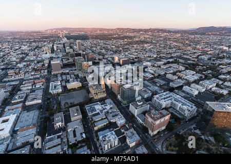 Early morning aerial view down Wilshire Blvd in the Koreatown area of Los Angeles California. Stock Photo