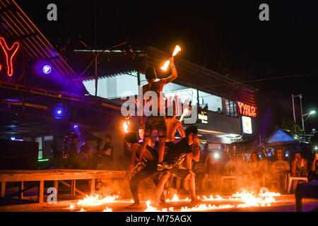 Fire show on Phi Phi island in Thailand at the bar Sunky Stock Photo