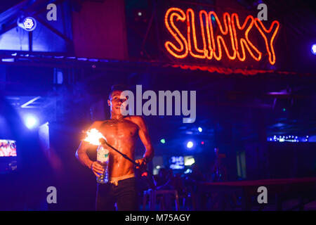 Fire show on Phi Phi island in Thailand at the bar Sunky Stock Photo