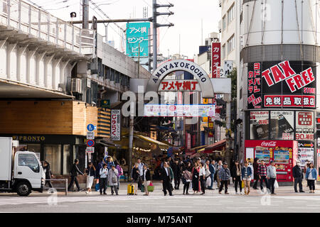 Tokyo, Japan - January 12, 2018 : crowd of japanese people and tourists are shopping at the Ameyoko market. Ameyoko is a busy market street along the  Stock Photo