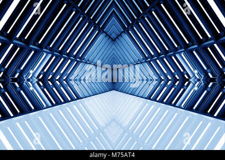 design of architecture metal structure similar to spaceship interior. abstract modern architecture in blue tone photo. Stock Photo