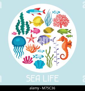 Marine life set of icons, objects and sea animals Stock Vector Image ...