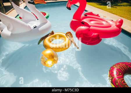 Group of colorful inflatable toys floating in a swimming pool on a summer day. Inflatable swan, flamingo, ring and ball in pool. Stock Photo