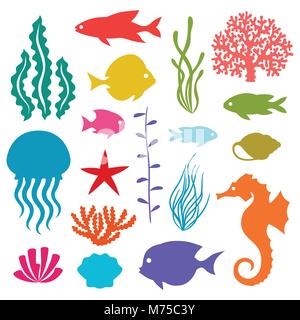 Marine life set of icons, objects and sea animals Stock Vector