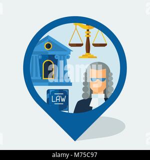 Navigation marker with law icons in flat design style Stock Vector