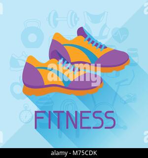 Sports Background With Fitness Icons In Flat Style Stock